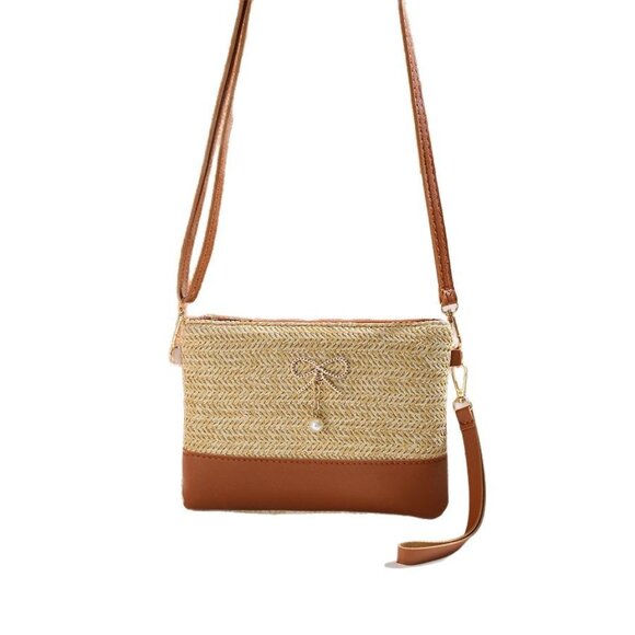 2/$30 Woven Beige and Brown Cross-Body Bag Leather Trim Purse Bow Pearl Charm - Picture 6 of 8